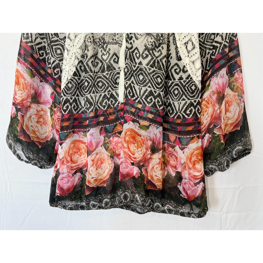 Fig And Flower Floral Butterfly Top Womens Size Small Tassel Lace Cottage Boho - Picture 4 of 10
